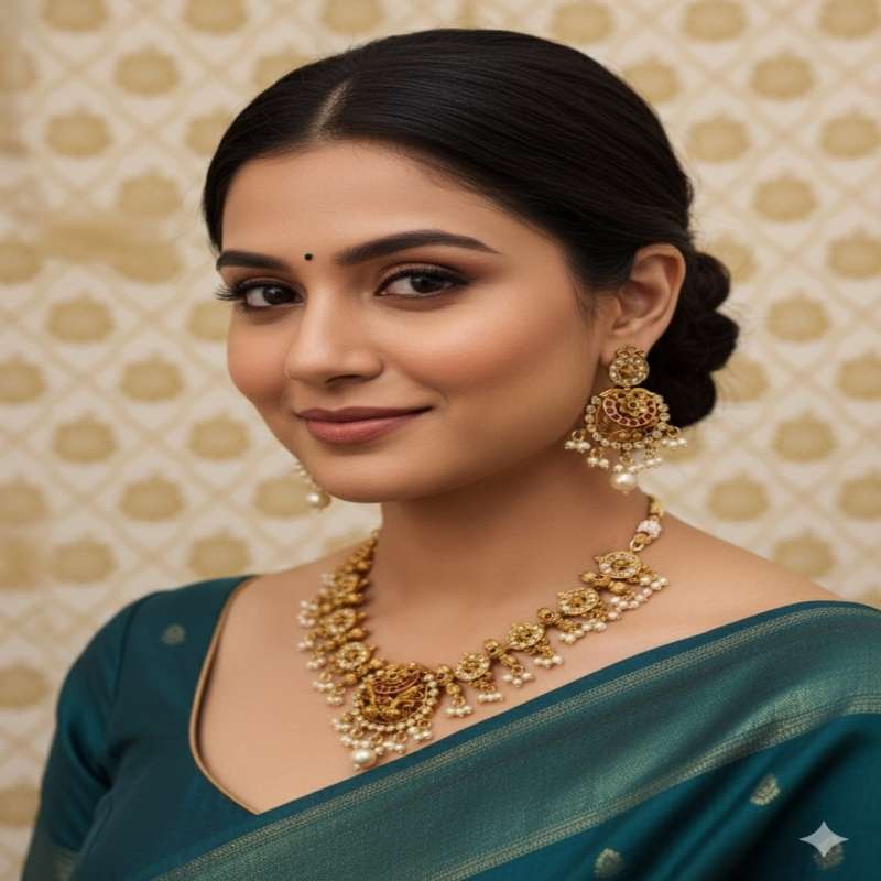 Gold-plated South Indian necklace with traditional handcrafted design.